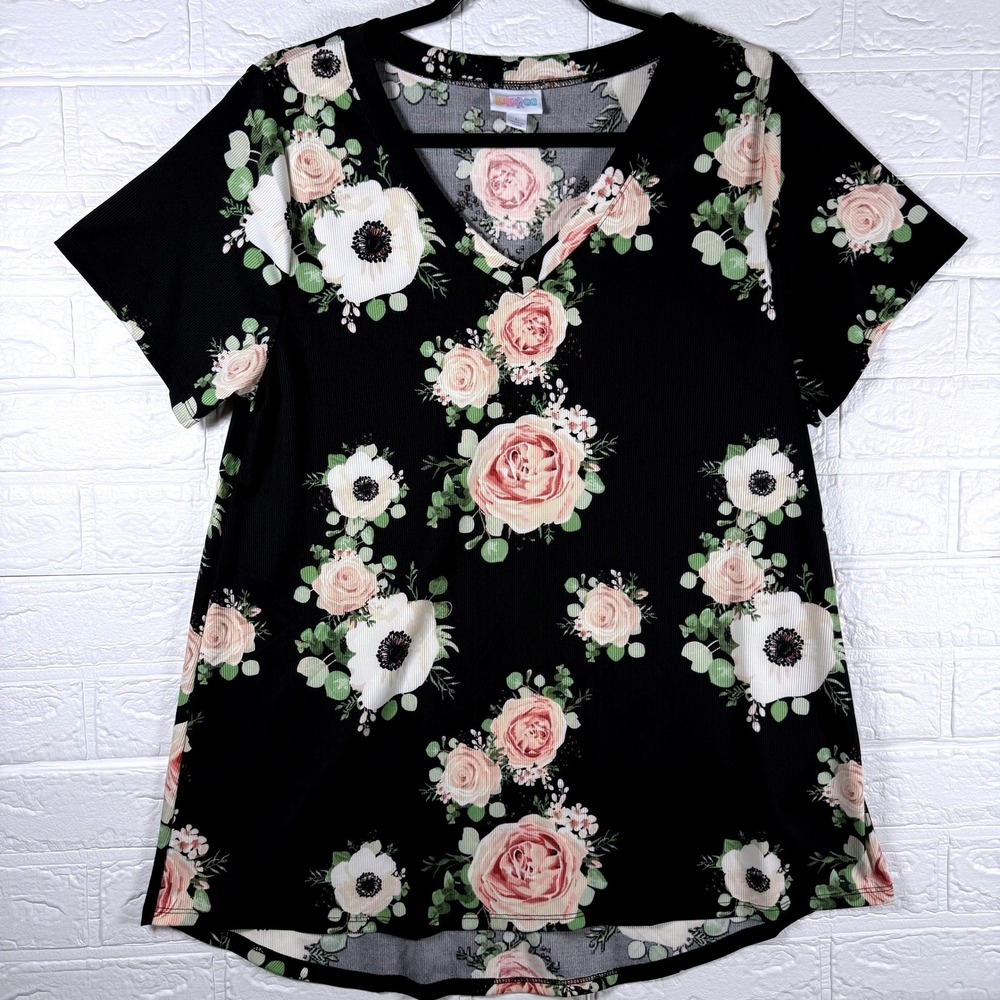 LuLaRoe Top Women Large Black Floral Ribbed V-Neck Short Sleeve Christy
